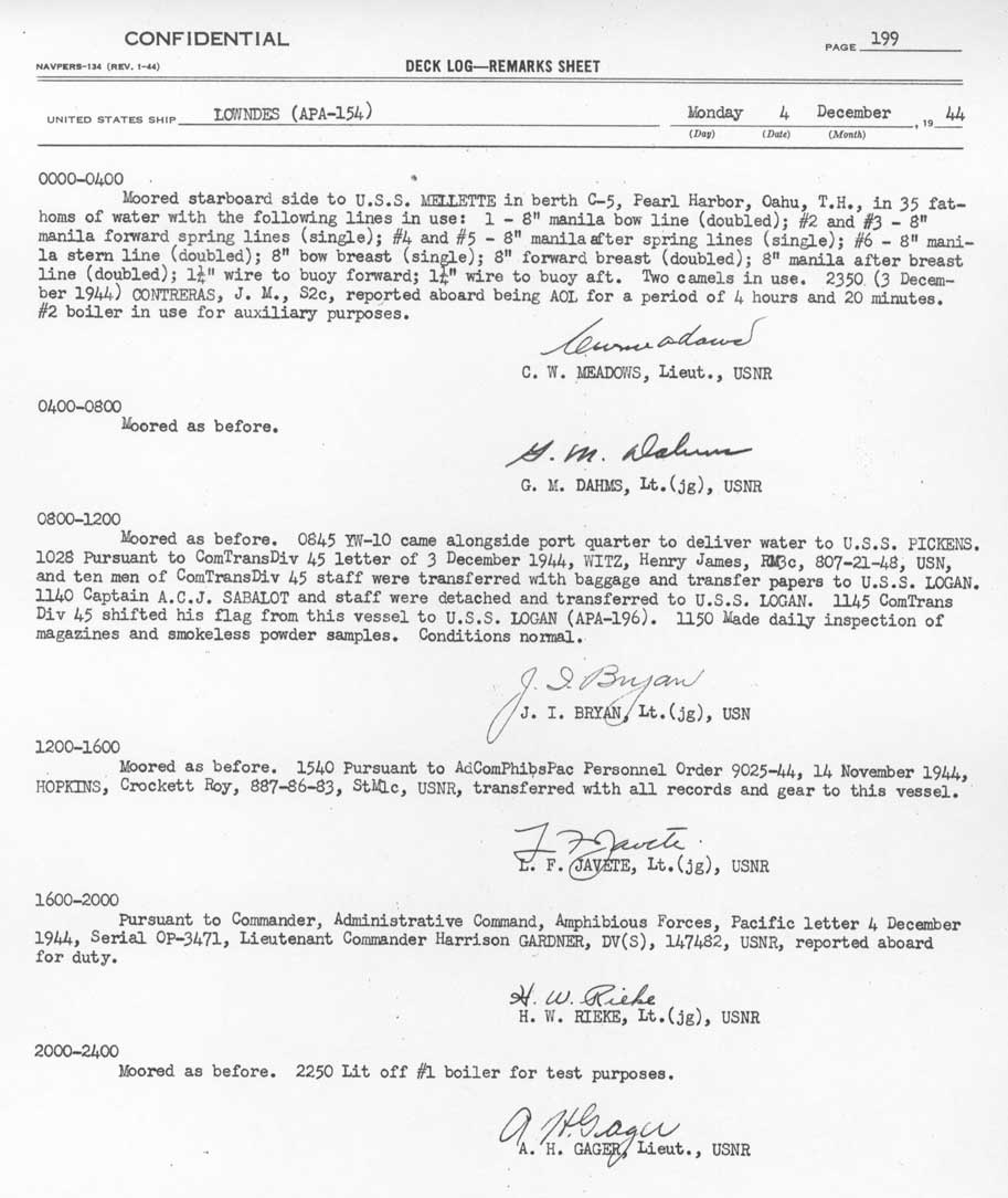 Log file for this day. Active dates are: Sept 14, 1944 through April 17, 1946.