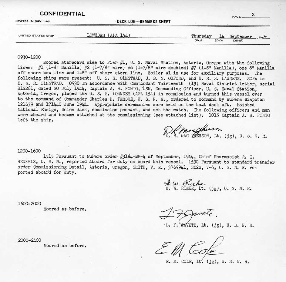 Log file for this day. Active dates are: Sept 14, 1944 through April 17, 1946.