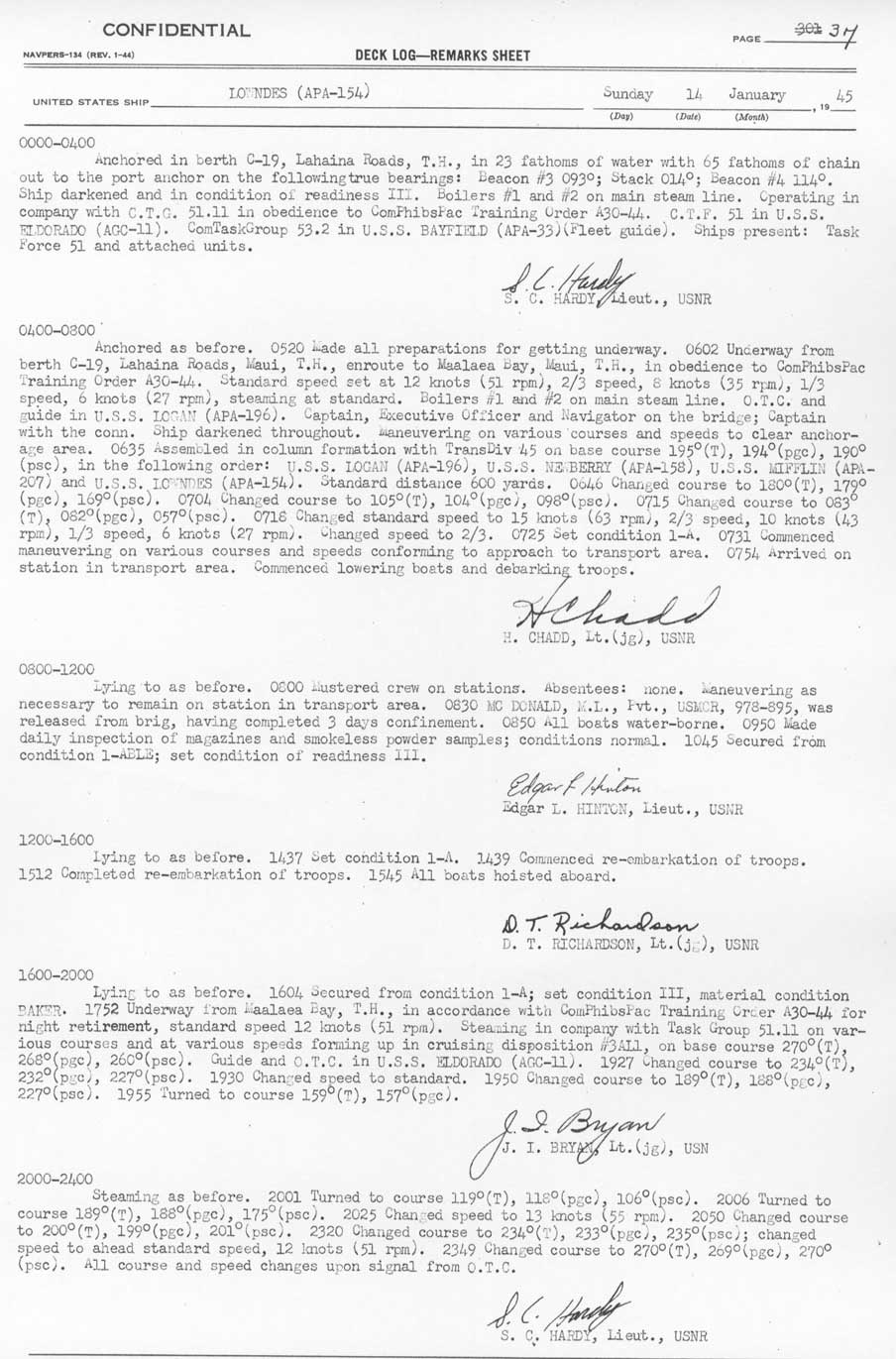 Log file for this day. Active dates are: Sept 14, 1944 through April 17, 1946.