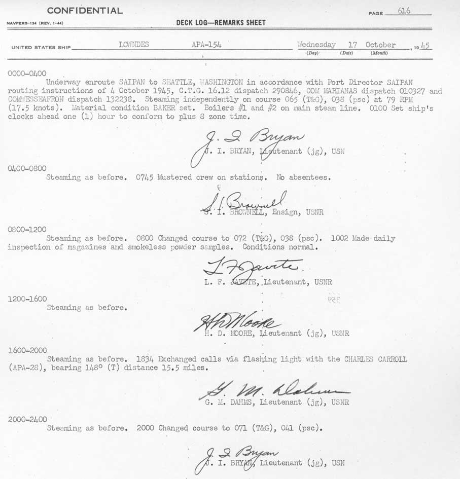 Log file for this day. Active dates are: Sept 14, 1944 through April 17, 1946.