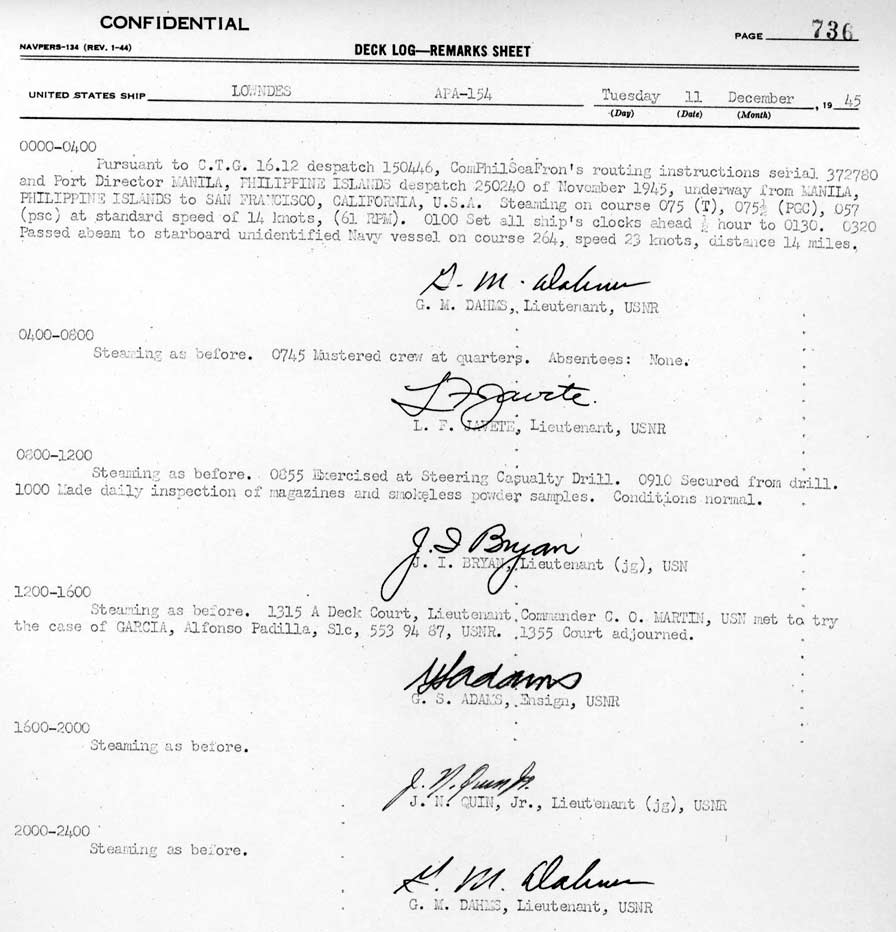 Log file for this day. Active dates are: Sept 14, 1944 through April 17, 1946.
