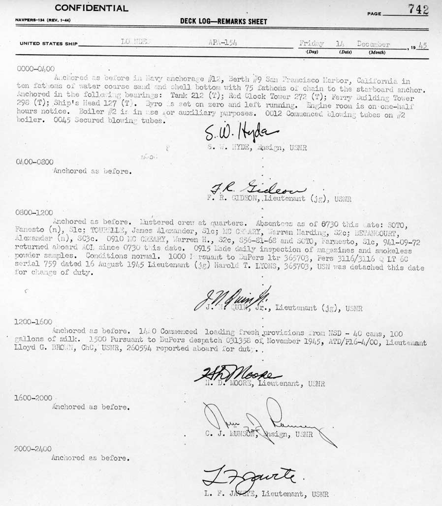 Log file for this day. Active dates are: Sept 14, 1944 through April 17, 1946.