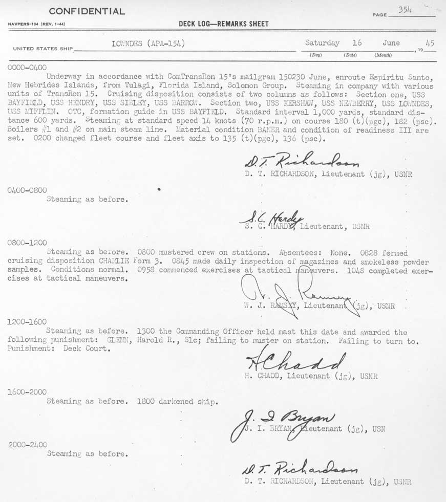 Log file for this day. Active dates are: Sept 14, 1944 through April 17, 1946.